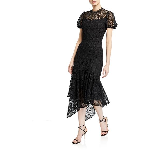 Shoshanna Trinette Dress Black Ditzy Floral Lace Asymmetric Puff Sleeve NWT Sz 4 - Picture 1 of 7